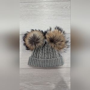 Grey Beanie with Two Pom Poms One Size